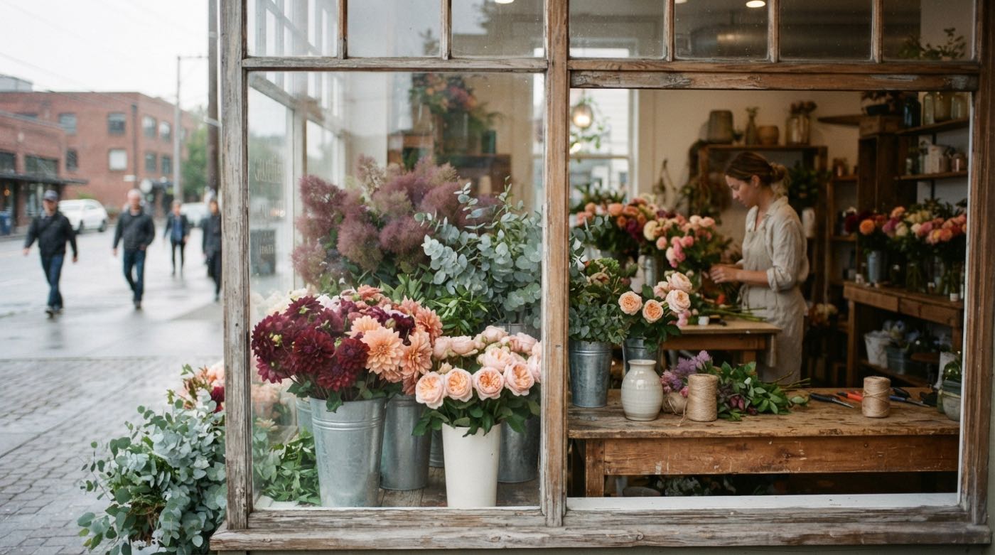 Buckets of dahlias and foliage in the Wren & Thistle window